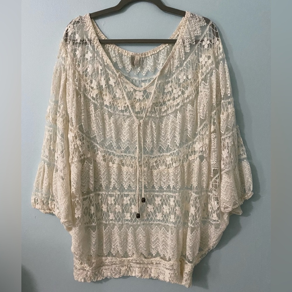 Women's Cream Lace Peasant Top with Tie